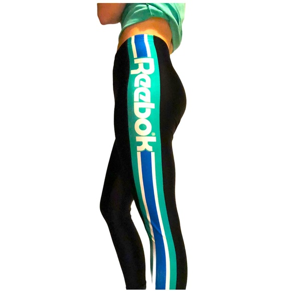80s vintage Reebok biker pants leggings teal black - Picture 2 of 10